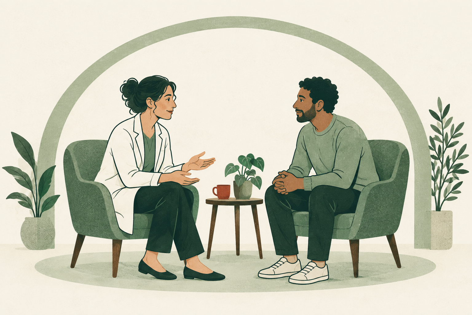 Illustration: Eine behandelnde Person und ein Patient sprechen auf Augenhöhe unter einem schützenden Bogen.